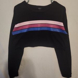 Black Cotton Striped Long Sleeve Cropped Tee